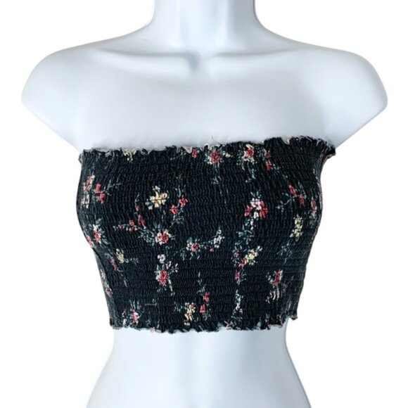 Garage Women’s Floral print Smocked Tube Top Cropped Bandeau Cotton Black Medium - Picture 2 of 13